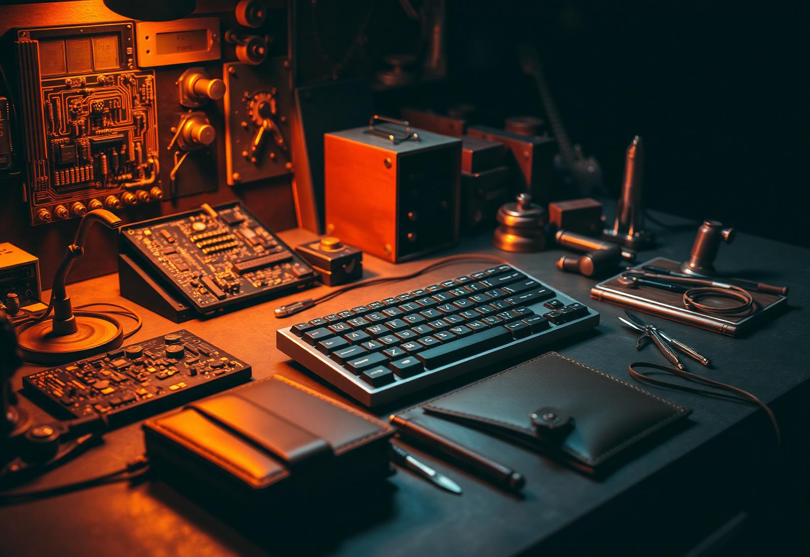 Werkstatt mit Platinen, Werkzeug und Tastatur in warmem Kupferlicht